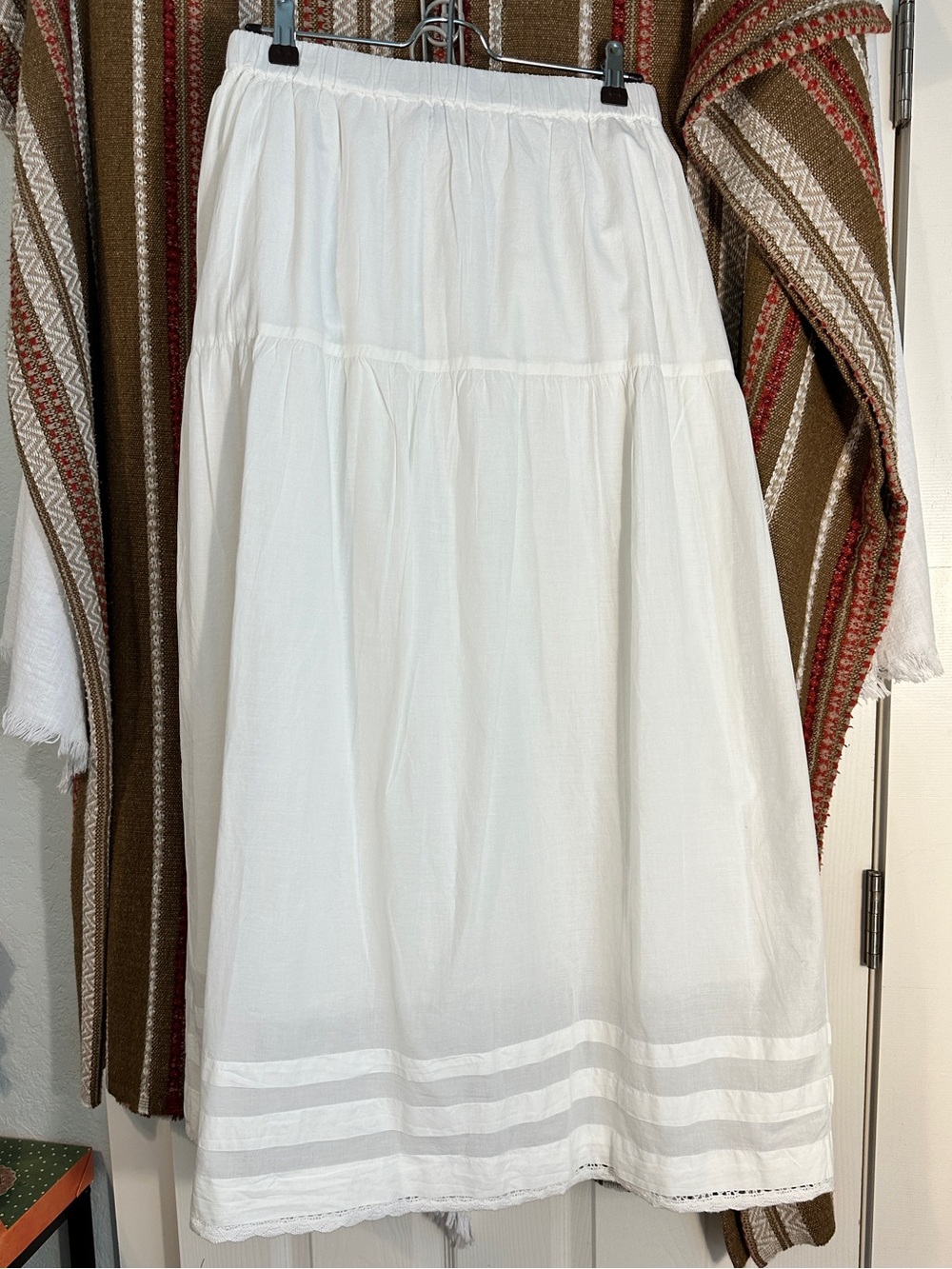 Old Navy White Tiered Midi Skirt with Hem Stripes